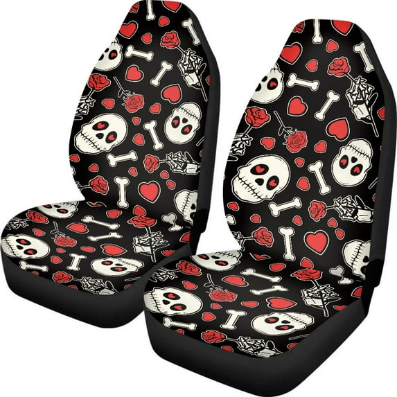 ZIATUBLE Skull Heart Pattern Front Seat Cover Set Anti Slip Auto Front Seat Cover Protectors 2 Packs Interior Accessory Aesthetic High Back Bucket Seat Covers Auto Seat Cover Car for Trucks SUV