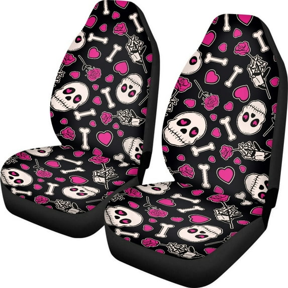 ZIATUBLE Skull Print Car Seat Cover Protector Love Rose Front Auto Seat Cover for Most Cars SUV Sedan Pack of 2 Washable Interior Vehicle Seat Protectors Car Decor Accessories