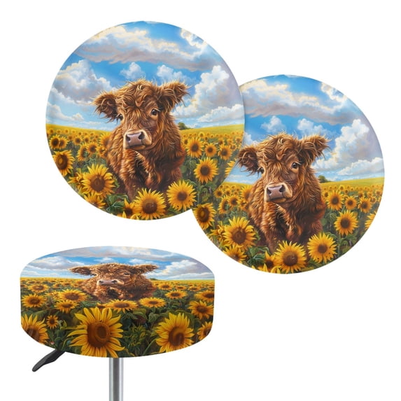 ZIATUBLE Sunflower Bar Stool Chair Slipcovers Highland Cow Round Bar Stool Covers Set of 2 Piece Dustproof Seat Cover for Vanity Chair Size M Elastic Bar Chair Covers for Home Kitchen