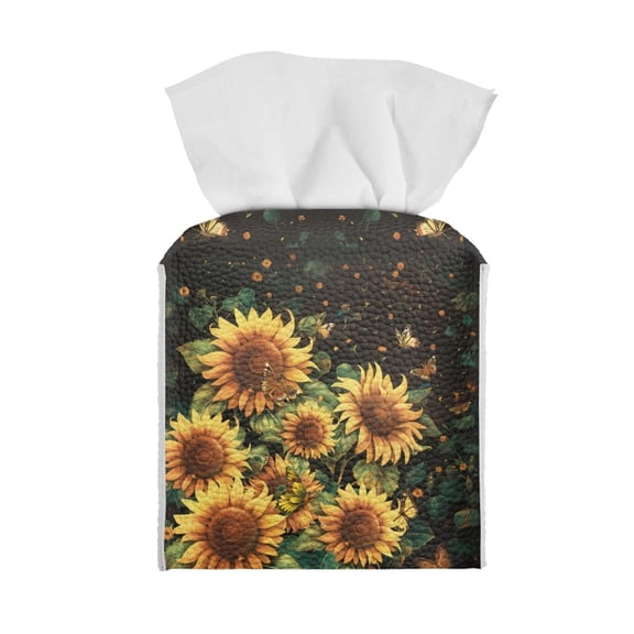 ZIATUBLE Sunflower Butterfly Square Tissue Box Cover Leather Tissue Holder for Car with Snap Button Facial Cube Tissue Box Holder Case Dispenser Soft Napkin Organizer Dispenser