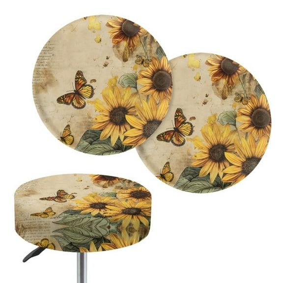ZIATUBLE Sunflower Butterfly Stool Covers Cushion Elastic Round Protective Cover 12"-14" Reusable Round Bar Stool Covers Set of 2 Piece Easy to Clean Stool Covers Chair Slipcovers