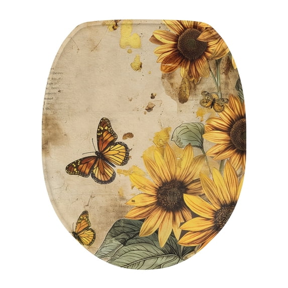 ZIATUBLE Sunflower Butterfly Toilet Lid Covers Elongated Toilet Seat Covers Lids Decorative with Stretch Edges Keep Dust Stain Off Toilet Seat Covers for Bathroom Round