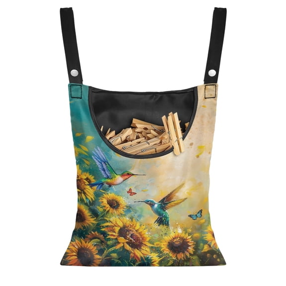 ZIATUBLE Sunflower Clothes Pins Bag Hummingbird Clothes Pins Bag Holder Washable Hanging Clothespin Bag Portable Wardrobe Clothes Storage Organizer Closet with Hanging Rack