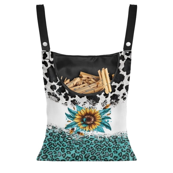 ZIATUBLE Sunflower Clothespin Bag Storage Leopard Print Storage Hanging Organizer 2 Pcs Cow Pattern Hanging Clothes Pins Bag Holder Outdoor with Large Opening Laundry Clothes Pin Holder