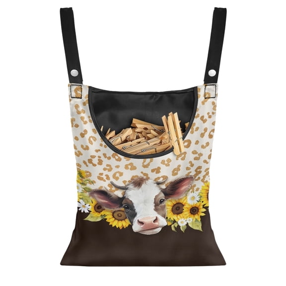 ZIATUBLE Sunflower Cow Clothes Pins with Bag Leopard Print Hanging Storage Organizer Easy to Use Laundry Clothes Pin Holder Washable Clothes Pin Bag to Hang On Line Decor