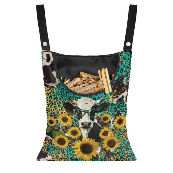 ZIATUBLE Sunflower Cow Clothespin Holder Bag Leopard Print Clothespin Storage Bag Machine Washable Hanging Pantry Organizer for Storage Bags for Home Outdoor Supply