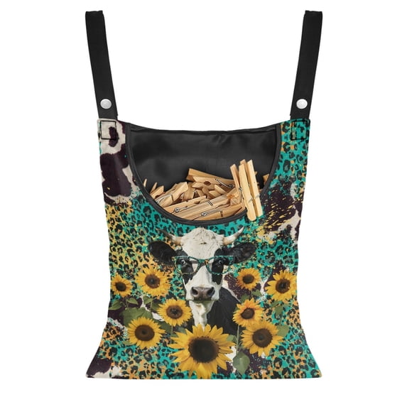 ZIATUBLE Sunflower Cow Clothespin Holder Bag Leopard Print Clothespin Storage Bag Set 2 Piece Machine Washable Hanging Pantry Organizer for Storage Bags for Home Outdoor Supply
