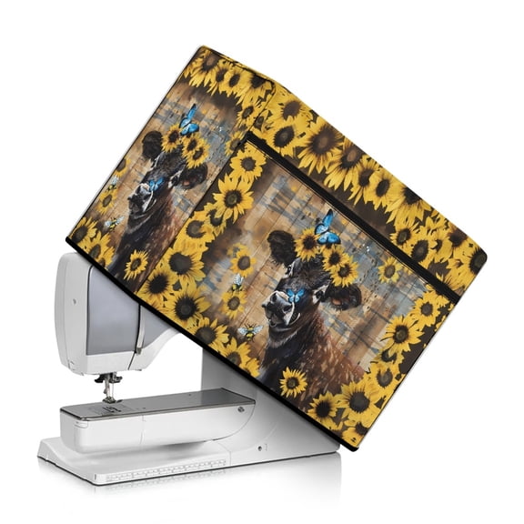 ZIATUBLE Sunflower Cow Dust Cover for Sewing Machine Wooden Butterfly Sewing Machine Protect Cover Foldable Sewing Machine Cover with Storage Pocket Fits Most Sewing Machines