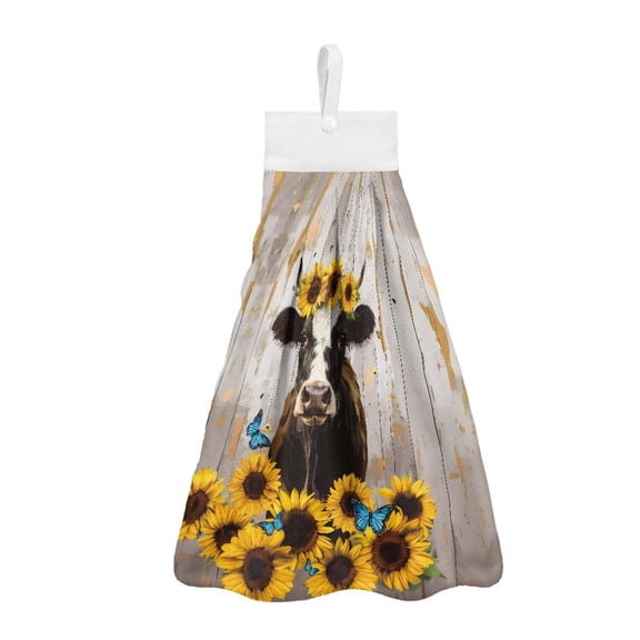 ZIATUBLE Sunflower Cow Hanging Hand Towel Wooden Towels for Kitchen Drying 3 Pcs Soft Bathroom Hand Bath Towel Machine Washable Kitchen Hand Towels with Hanging Loops Cloth Indoor