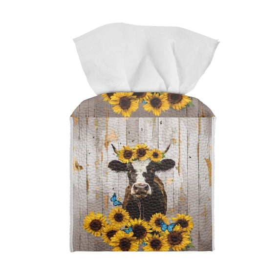 ZIATUBLE Sunflower Cow Leather Tissue Box Cover Wooden Butterfly Square Tissue Box Holder for Car Reusable Cube Tissue Organizer Decorative Tissue Box Cover Case for Home