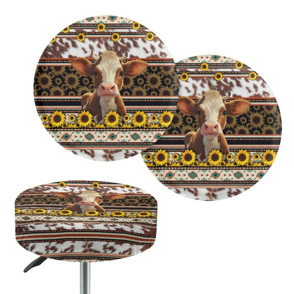 ZIATUBLE Sunflower Cow Stool Covers Cushion Aztec Ethnic Bar Stool Cover Slipcovers Set of 2 Piece Universal Round Stool Covers with Padding Size S Dustproof Seat Cover for Vanity Chair