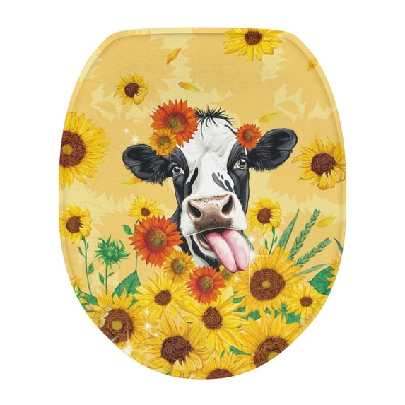 ZIATUBLE Sunflower Cow Toilet Lid Seat Cover Soft Stretchable Toilet Lid Covers Keep Dust Stain Off Protective Cover Universal for Most Toilet Bowl Lids Washroom Decor