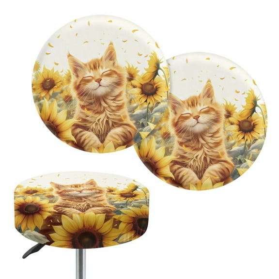 ZIATUBLE Sunflower Cute Cat Chairs Decorative Cover Removable Padded Bar Stool Covers Round 14-16 Inch Stretchable Kitchen Bar Stool Chair Seat Cover Set of 2 for Party Wedding Date