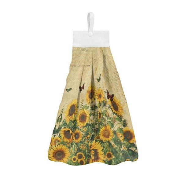 ZIATUBLE Sunflower Hanging Hand Towels Butterfly Hand Towels for Kitchen with Snap Button Bathroom Hand Bath Towel 2 Pcs Machine Washable Hanging Dish Towels Soft Hand Towels with Loop