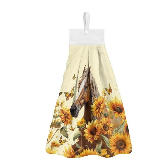 ZIATUBLE Sunflower Horse Hanging Hand Towel Butterfly Kitchen Hand Towels 3 Piece with Snap Button Dish Towels for Kitchen with Hanging Loops Hanging Hand Towels for Bathroom Tea Towels