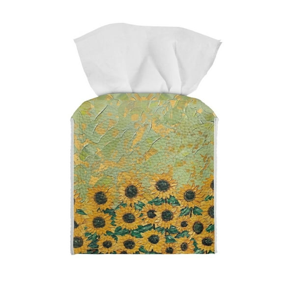 ZIATUBLE Sunflower Oil Painting Leather Tissue Box Cover Square Tissue Box Covers Cube Rectangular Tissue Boxes Covers Waterproof Tissue Box Cover Case for Home Indoor Decor