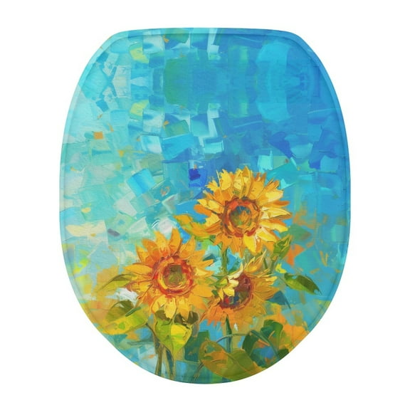 ZIATUBLE Sunflower Oil Painting Toilet Lid Seat Cover Toilet Protector Cover with Stretch Edges Washable Decorative Toilet Seat Covers Lids Fits Most Toilet Lids for Bathroom