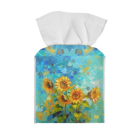 ZIATUBLE Sunflower PU Leather Tissue Box Covers Square Oil Painting Tissue Box Holder for Kitchen Decorative Tissue Box Cover Cube Waterproof Tissue Case Organizer