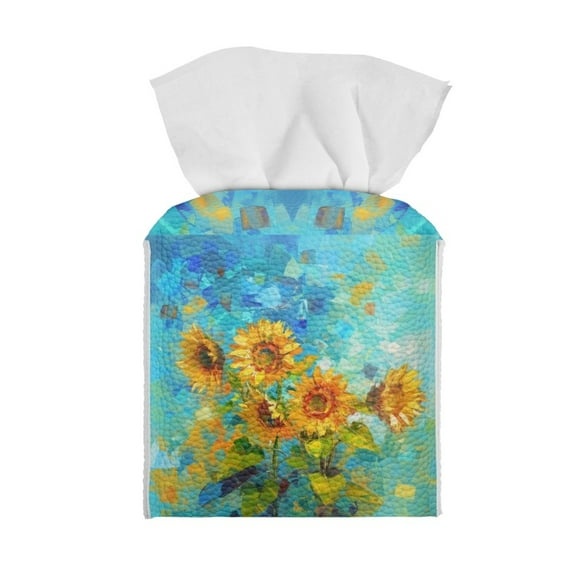 ZIATUBLE Sunflower PU Leather Tissue Box Covers Square Oil Painting Tissue Box Holder for Kitchen Decorative Tissue Box Cover Cube Waterproof Tissue Case Organizer