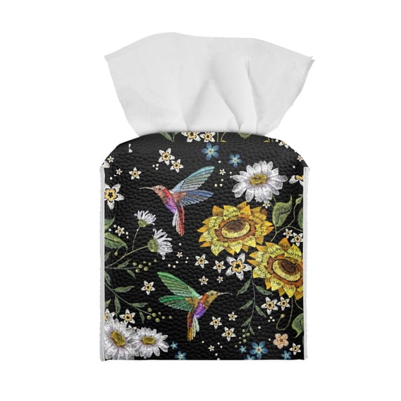 ZIATUBLE Sunflower Square Tissue Box Cover PU Hummingbird Tissue Box Holder with Bottom Snap Rectangle Tissue Box Covers Modern Tissue Case Facial Paper Organizer Dispenser