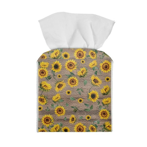 ZIATUBLE Sunflower Square Tissue Box Cover Wooden Leather Tissue Paper Box Cover Waterproof Tissue Box Cover Case Decorative Organizer for Tabletop Reusable Tissue Pouch