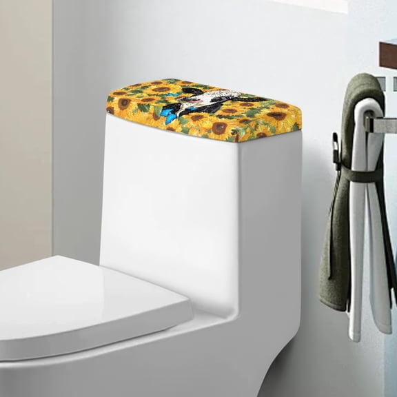 ZIATUBLE Sunflower Toilet Tank Lid Covers Butterfly Cow Toilet Tank Top Cover 2 Pieces Set Dustproof Toilet Mat Protective Cover with Stretch Edges Toilet Tank Lid Covers for Bathroom