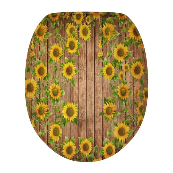 ZIATUBLE Sunflower Wood Stripe Toilet Lid Seat Cover Soft Toilet Lid Seat Protector Cover Fits Most Round Elongated and Oblong Toilet Cover Seat Lid Accessories Decor for Bathroom
