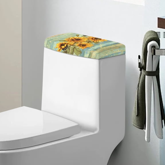 ZIATUBLE Sunflower Wooden Toilet Tank Lid Cover Washable Toilet Tank Cover Protector Reusable Toilet Lid Cover Dust Cover Stretchy Toilet Tank Lid Pads Decorative Accessories