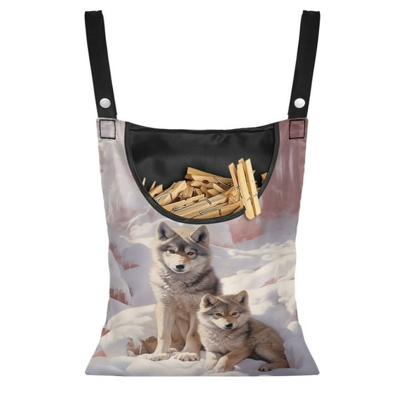 ZIATUBLE Wolf Snow Clothespin Storage Bag Washable Hanging Storage Organizer Rack with Large Opening Clothespin Holder for Clothesline Dirty Resistant Clothes Pins Hanger Bag