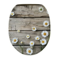 ZIATUBLE Wooden Daisy Toilet Lid Cover Protction Round Elongated Toilet Seat Covers for Bathroom Washable Toilet Lid Seat Decoration Cover Fits Most Toilet Lids