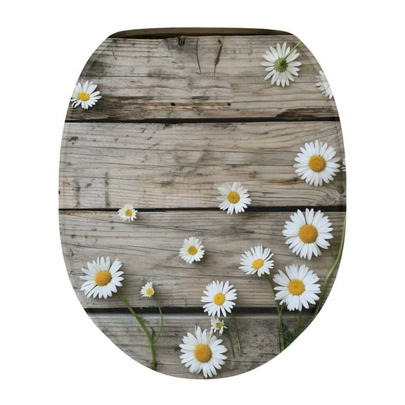 ZIATUBLE Wooden Daisy Toilet Lid Cover Protction Round Elongated Toilet Seat Covers for Bathroom Washable Toilet Lid Seat Decoration Cover Fits Most Toilet Lids