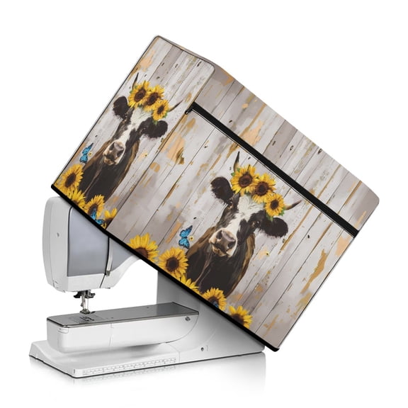 ZIATUBLE Wooden Print Sewing Machine Dust Cover Sunflower Cow Sewing Machine Cover Dust Cover Quilted Easy to Clean Sewing Machine Protective Cover with Handle and Pocket