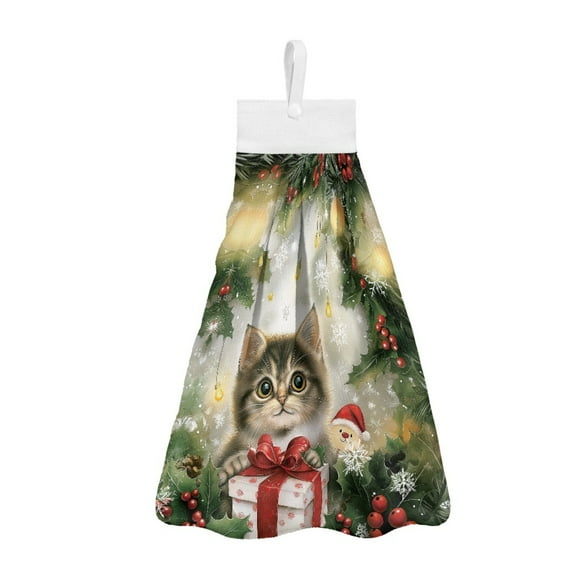 ZIATUBLE Xmas Cute Cat Kitchen Hand Towels Trees Hand Towels with Hanging Loops Kitchen Hand Towels Set of 2 Decorative Hand Towels for Bathroom with Loop Quick Dry Dish Towel Hand Towels