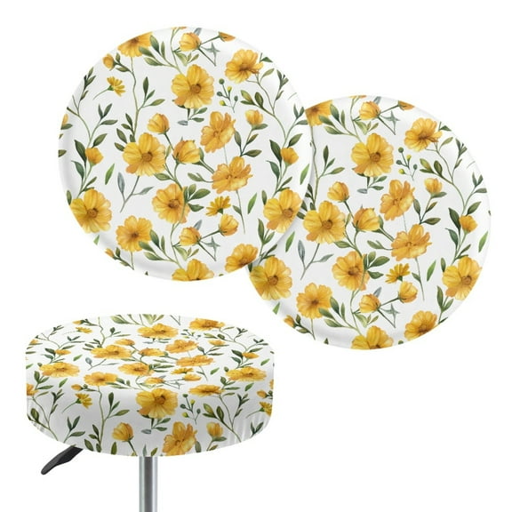 ZIATUBLE Yellow Floral Stool Covers Cushion Dustproof Seat Cover for Vanity Chair 12-14 Inch Elastic Bar Stool Covers Round 2 Pieces Lightweight Round Stool Dust Covers Home Decor