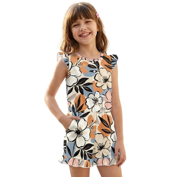 ZIATUBLE4S Abstract Floral Print Girls Summer Romper Ruffle Cap Sleeves One-Piece Short Jumpsuit Soft Comfort Kids Casual Playsuit with Pockets for 7-8 Y