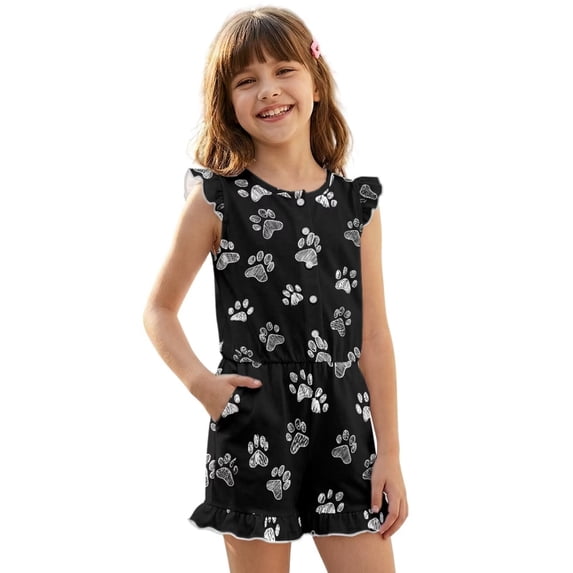 ZIATUBLE4S Black Paw Print Girls Summer Romper Ruffle Cap Sleeves One-Piece Short Jumpsuit Soft Comfort Kids Casual Playsuit with Pockets for 5-6 Y