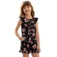 thumbnail image 1 of ZIATUBLE4S Black Red Floral Print Girls Playsuit Kids Summer Casual Romper Button Ruffle Trim Elastic High Waist Round Neck Jumpsuit Shorts Clothes with Pockets for 11-12 Y, 1 of 6