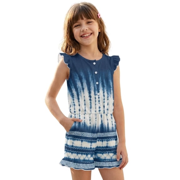 ZIATUBLE4S Blue Tie Dye Print Girls Summer Romper Kids Button Ruffle Trim Elastic Waist Short Jumpsuit Outfit Round Neck Playsuit Clothes with Pockets for 9-10 Y