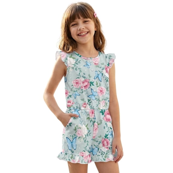 ZIATUBLE4S Butterfly Rose Print Girls Summer Jumpsuit Kids Button Flutter Sleeve Short Playsuit Elastic Waist Round Neck Casual Romper Outfit Clothes with Pockets for 11-12 Y