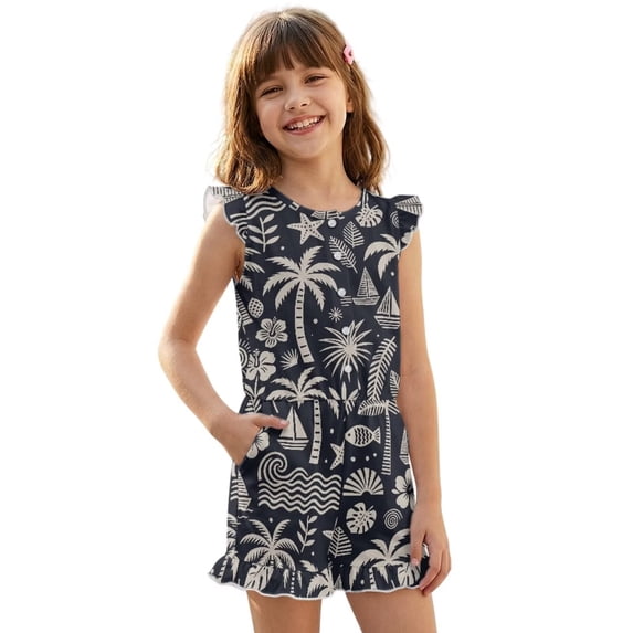 ZIATUBLE4S Dark Blue Tropical Pattern Print Girls Jumpsuit Summer Casual Romper Flutter Sleeves One-Piece Playsuit Elastic High Waist Kids Outfit with Pockets for 13-14 Y