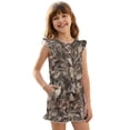 thumbnail image 1 of ZIATUBLE4S Leaf Camouflage Print Girls Summer Casual Playsuit Flutter Sleeves Short Jumpsuit Button Round Neck Kids Romper Elastic Waist Relaxed Fit Comfort Outfit with Pockets for 5-6 Y, 1 of 6