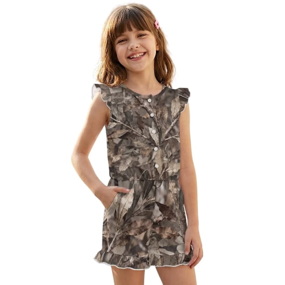 ZIATUBLE4S Leaf Camouflage Print Girls Summer Casual Playsuit Flutter Sleeves Short Jumpsuit Button Round Neck Kids Romper Elastic Waist Relaxed Fit Comfort Outfit with Pockets for 5-6 Y