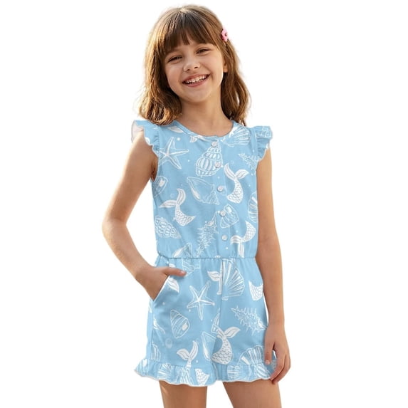 ZIATUBLE4S Light Blue Mermaid Tail Seashell Print Girls Romper Summer Casual Ruffle Trim Round Neck Short Jumpsuit Elastic Waist Kids One-Piece Playsuit with Pockets for 11-12 Y