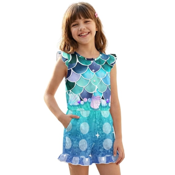 ZIATUBLE4S Mermaid Scale Print Girls Summer Casual Playsuit Flutter Sleeves Short Jumpsuit Button Round Neck Kids Romper Elastic Waist Relaxed Fit Comfort Outfit with Pockets for 5-6 Y