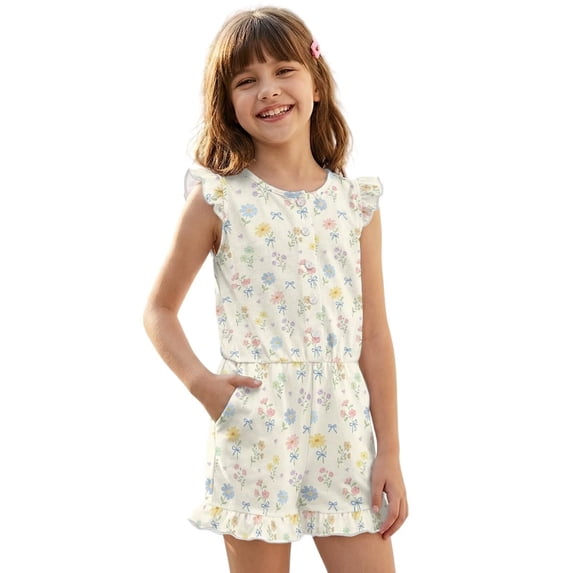 ZIATUBLE4S Pastel Floral Bow Print Girls Summer Romper Ruffle Cap Sleeves One-Piece Short Jumpsuit Soft Comfort Kids Casual Playsuit with Pockets for 5-6 Y