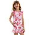 thumbnail image 1 of ZIATUBLE4S Pink Hibiscus Flower Print Girls Summer Playsuit Button Front One-Piece Short Jumpsuit Ruffle Trim Big Kids Casual Romper with Pockets for 11-12 Y, 1 of 6