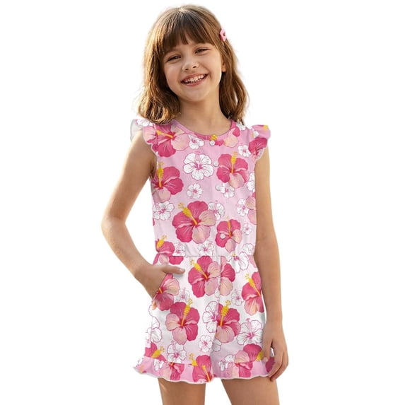 ZIATUBLE4S Pink Hibiscus Flower Print Girls Summer Playsuit Button Front One-Piece Short Jumpsuit Ruffle Trim Big Kids Casual Romper with Pockets for 11-12 Y