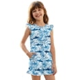 thumbnail image 1 of ZIATUBLE4S Shark Print Girls Summer Romper Ruffle Cap Sleeves One-Piece Short Jumpsuit Soft Comfort Kids Casual Playsuit with Pockets for 5-6 Y, 1 of 6