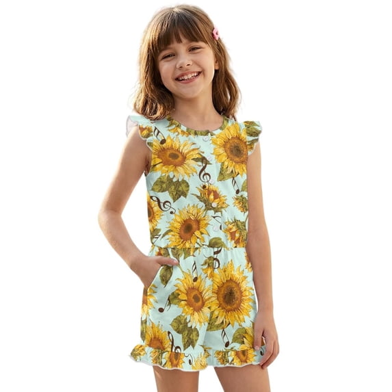 ZIATUBLE4S Sunflower Music Note Print Girls Summer Short Jumpsuits Flutter Sleeves One-Piece Romper Soft Comfort Kids Casual Playsuit with Pockets for 7-8 Y