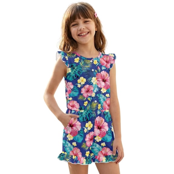 ZIATUBLE4S Tropical Hibiscus Leaf Print Girls Summer Jumpsuit Kids Button Flutter Sleeve Short Playsuit Elastic Waist Round Neck Casual Romper Outfit Clothes with Pockets for 11-12 Y